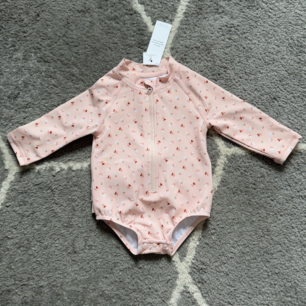 Janie and Jack Pink Floral One-Piece Rash Guard Swimsuit